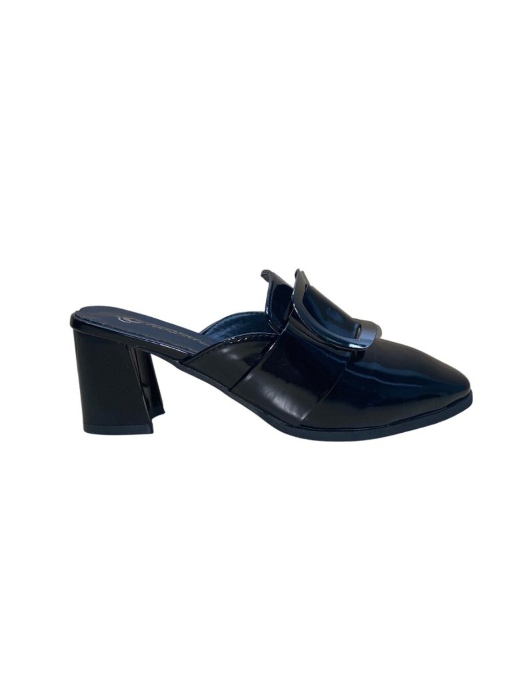 Starcate Women’s Black Patent & Silver Buckle Block Heel Slip-On Mules Size 37